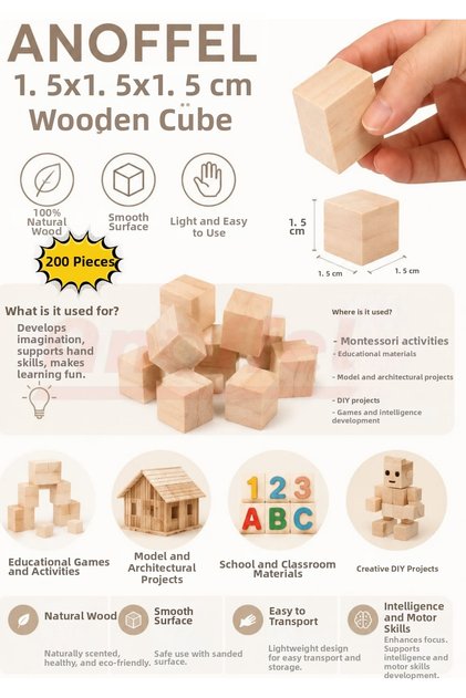 Wooden Natural Cube Blocks 1.5X1.5X1.5 cm 200 Pieces