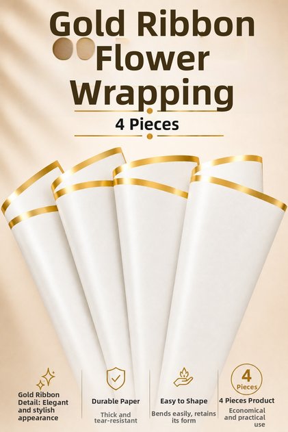 White Flower Packaging with Gold Stripe 57X57 cm Bouquet Wrapping Paper Premium Appearance Set