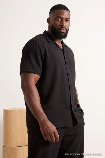 Black Wide Fit/Oversize Men's Apaş Collar Men's Large Size Woven Shirt Tmnss26Ax00001