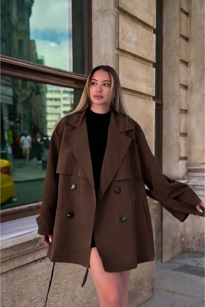 Kadın Acı Kahve Kuşaklı Oversize Rüzgarlıklı Kruvaze Trençkot