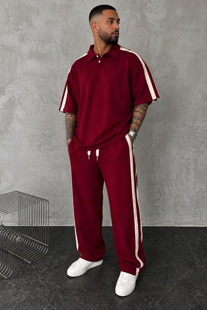 Stripe Detailed Burgundy Oversize Men's Top and Bottom Set