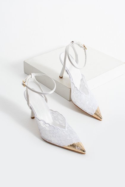 Women's White Lace Embroidery Detail Ankle Strap Iron Thin Heeled Women's Shoes Alze