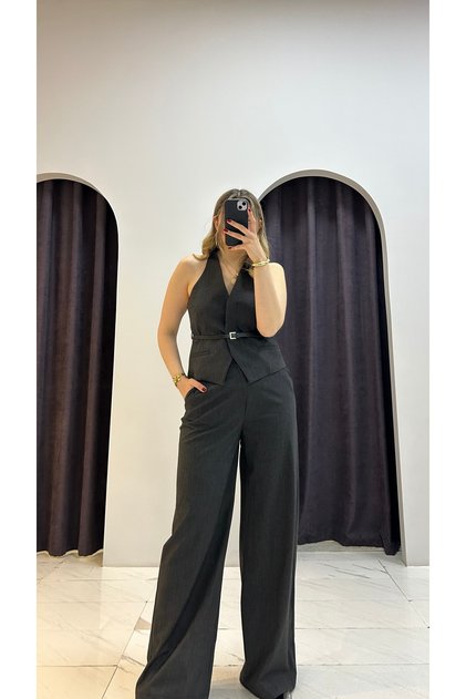 Premium Kalite Kemer Detaylı Yelek Pantolon Takım