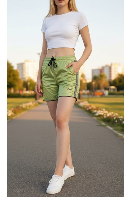 Women's Pistachio Green Striped Shiny Shorts with Filet Pocket Detail High Waist Sports Shorts