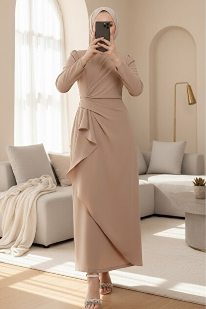 Modamorfo Asymmetrical Crepe Dress with Allerli Skirt -Beige- Trendyol Modamorfo Asymmetrical Crepe Dress with Allerli Skirt -Beige- Trendyol