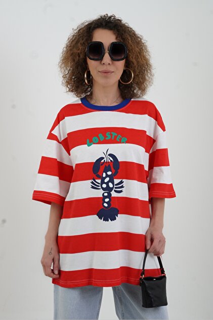 Zelish My Sister Mavi Çizgili Mushroom Baskılı Oversize Tshirt