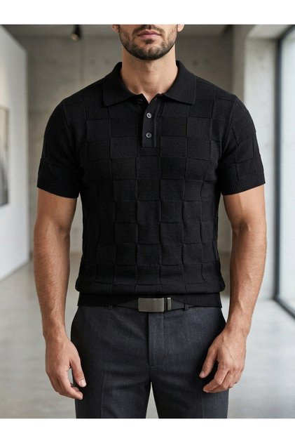 Summer (Cool Yarn) Polo Collar Men's Knitwear T-Shirt Black (Suitable for Father-Son Combination)