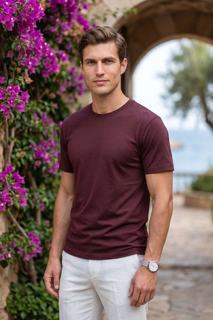 Men's Plus Size Crew Neck Burgundy T-Shirt Mercerized Classic Fit - 5110Bat