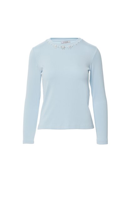 Yakası Işleme Detaylı Uzun Kollu Basic Mavi Tshirt