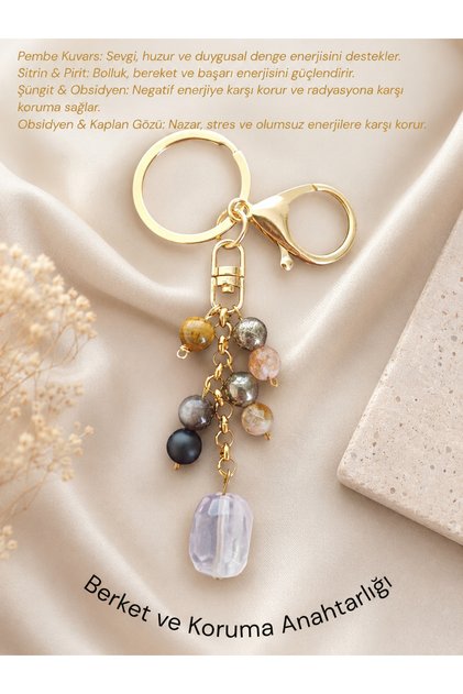 Natural Stone Keychain Quartz Citrine Pyrite Money Abundance Protection 8mm 2cm Steel Chain