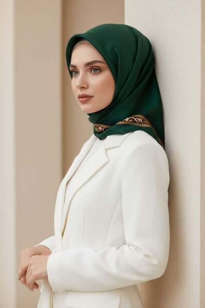 %100 Twill İpek Bordürü Leoparlı Düz Desenli Zümrüt Yeşili - Gold Renkli 90x90 Eşarp Dikim Şekli : E