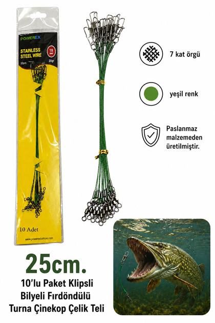 25cm. 10'lu Paket Klipsli Bilyeli Fırdöndülü Turna Çinekop Çelik Teli