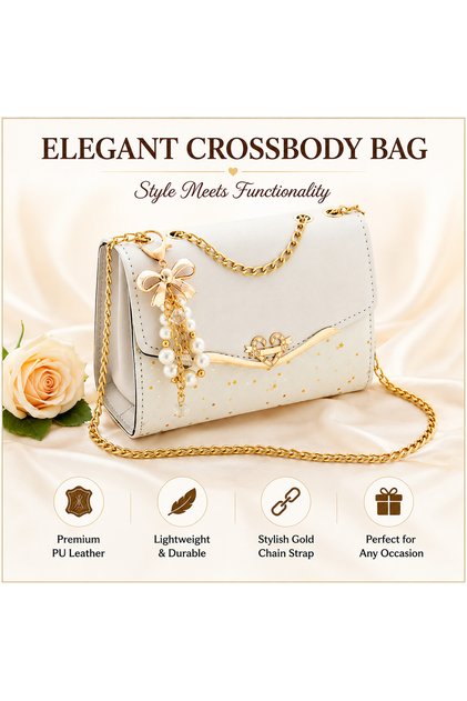 Elegant Women's Crossbody Bag - PU Leather Shoulder Handbag with Gold Chain Strap | Stylish Ladies Purse for Travel, Office & Daily Use | Lightweight Zip Closure | Cream