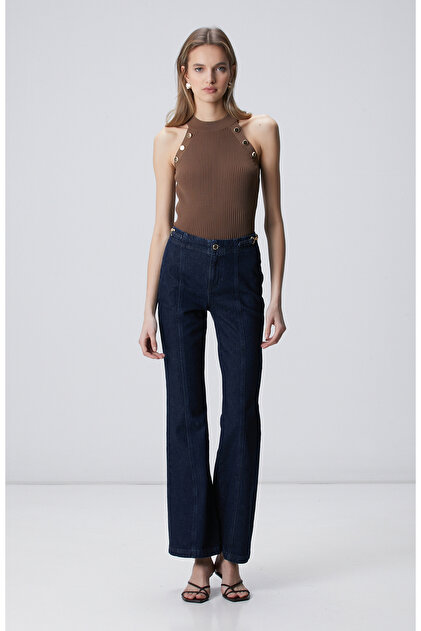 Lacivert Bel Aksesuar Detaylı Flare Denim Pantolon