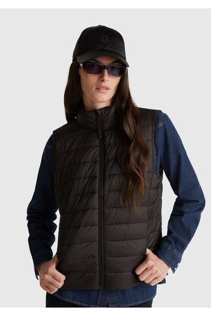 Kadın Siyah Polyester Dolgulu Fermuarlı Slim Fit Pufa Yelek