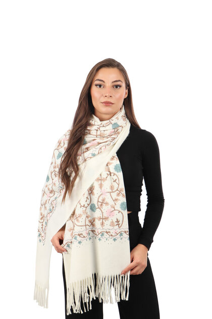 Cream Stone Embroidered Winter Shawl