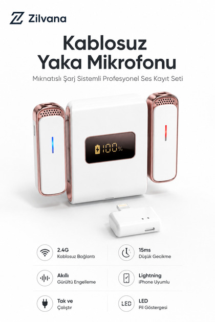 Microna Manyetik Kablosuz Yaka Mikrofonu Lighting Canlı Yayın Ropörtaj Telefon Uyumlu