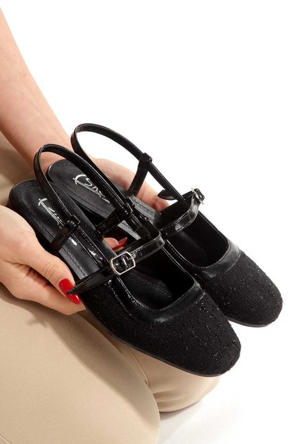 Minor Tweed Black Tape Detailed Ballerina Flats Mary Jane
