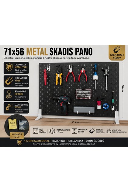 SİYAH METAL 71x56 Cm Çok Amaçlı Pano Organizatör Pegboard