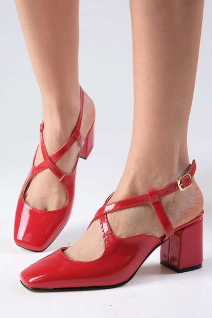 Catalina Red Color Open Back Blunt Toe Women's Heeled Shoes