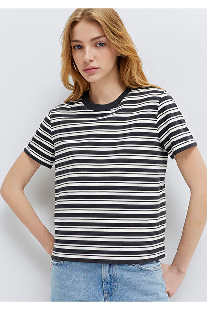 Mavi Çizgili Antrasit Tişört Slim Fit / Dar Kesim 1614216-85308