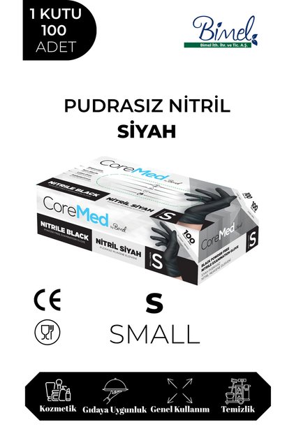 Siyah Nitril Muayene Eldiveni Pudrasız 100'lü Paket - Small