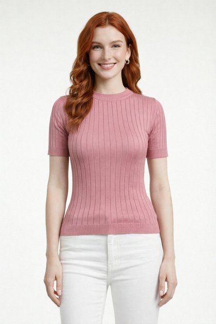 Crew Neck Ribbed Short Sleeve Knitwear Blouse