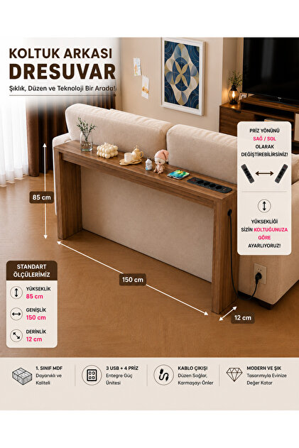 Café Royale Vintage & USB-Tech Konsol Raf - 3 USB + 4 Priz Girişli MDF Koltuk Arkası Raf Açık Ceviz 150x85x12