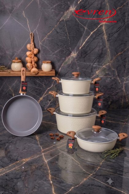 9 Parça Creamic (Seramik) Krem Dövme Desen Tencere Seti Yapışmaz Taban(İNDÜKSİYONLU OCAĞA UYUMLU)