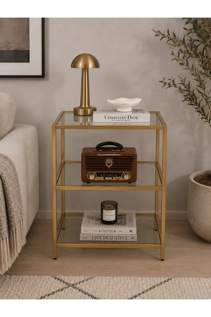VELMARK Modern Loft Tarz 3 Katlı şeffaf Camlı Sehpa – Gold Metal Gövdeli Yan Sehpa