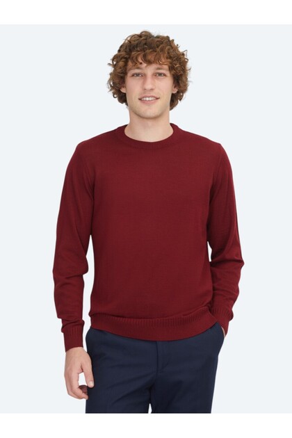 Red Crew Neck Jacquard Wool Blended Knitwear Sweater
