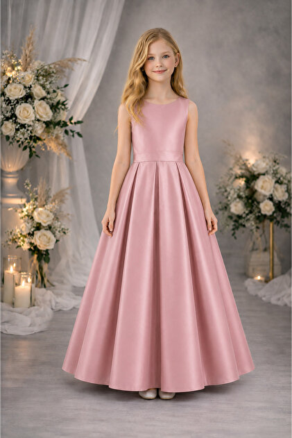 Girl's Sudem Model A-Line Pleated Plain Satin Long Dress Graduation Birthday Prom Dress