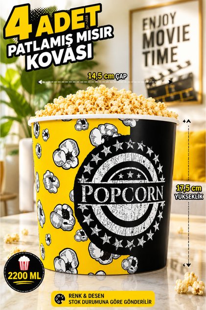 4 Pieces 🍿 2200 ml 🍿 Corn Bucket Chips Bucket Popcorn Bowl Plastic Unbreakable Bucket Popcorn 🍿 Popcorn Bucket 2200 ml Cinema Type Popcorn Bucket 📏 17.5 cm X 14.5 cm