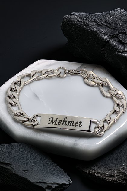 Men's Steel Bracelet - Name Writable Figaro Chain Model Men's Bracelet