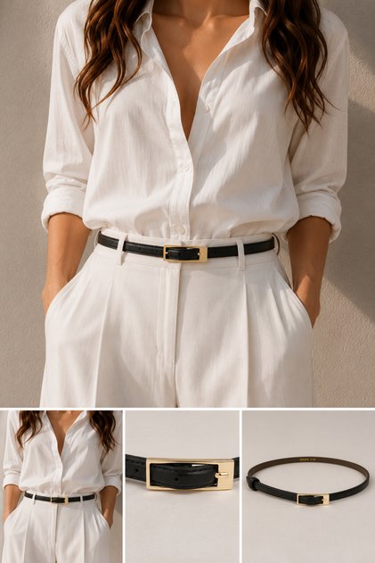 Elegantly Designed Thin 1 cm Women's Belt with Minimal Buckle, Compatible with Trousers, Jackets, Dresses, and Shirts