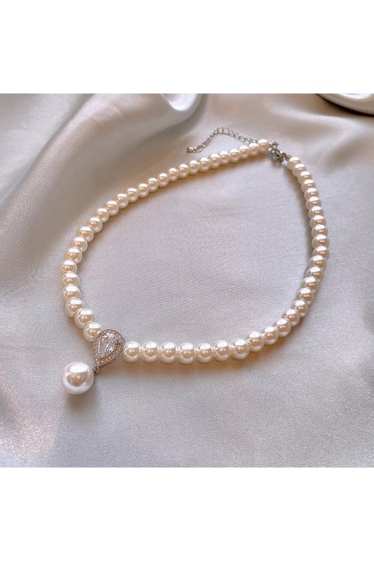 HN5207-1 Pearl Zircon Pendant Water Drop Necklace for Women Retro Light Luxury Sweater Chain Necklac