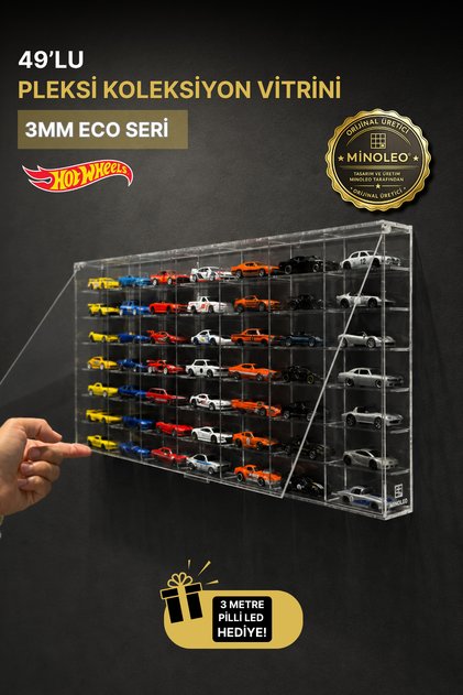 Orijinal 49'lu Kapaklı Pleksi Duvar Rafı – 1:64 Ölçekli Model Araçlar İçin – Ekonomik Seri (3 Metre LED Hediyeli)