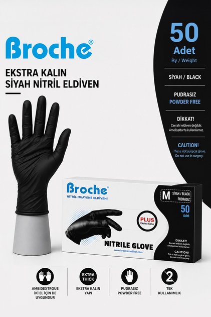 Ultra Extra Kalın Siyah Nitril Muayene Eldiveni Pudrasız 50'li Paket - MEDİUM
