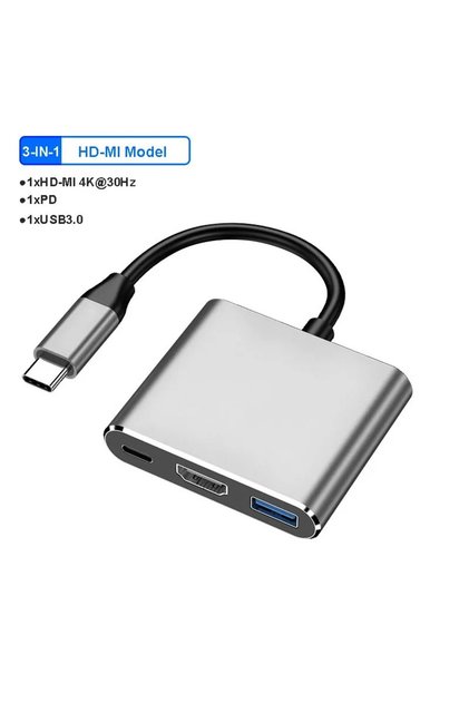محطة إرساء USB C 3 في 1 بدقة 4K و30 هرتز، محول HDMI مزدوج، موزع USB 3.0، محول من النوع C إلى HDMI