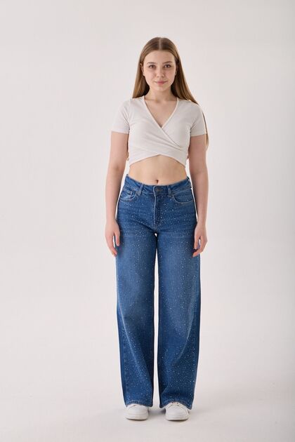 Women's High Waist Stone Detailed Wide Leg Jeans
