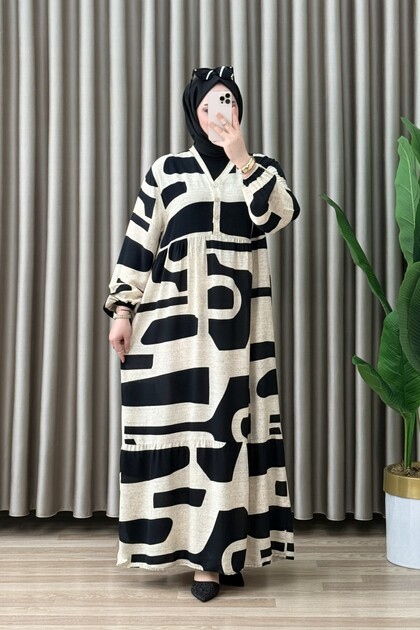 Hatice Dress Viscose Fabric Women's Black Collar Openable Buttoned Loose Cut Comfortable Fit Patterned Dress