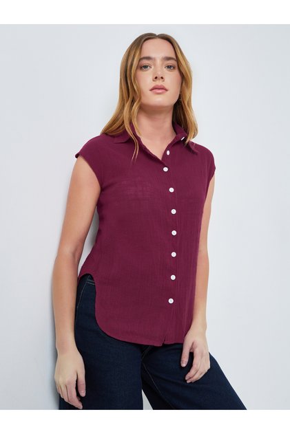Burgundy Crinkled Cap Sleeves Cotton Shirt