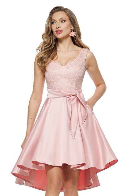 Rochie de ocazie midi din tafta roz bebe usor elastica cu bust din dantela premium cu paiete fine