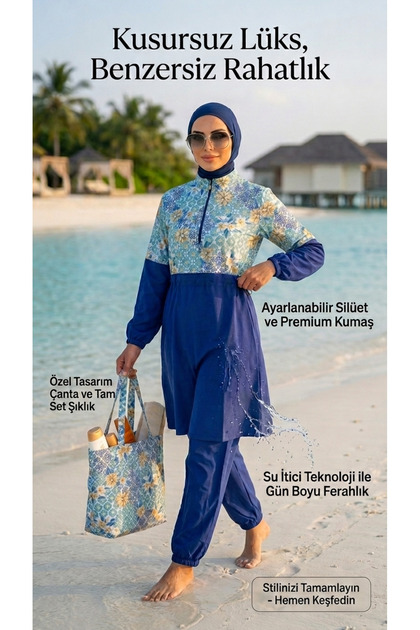 2306_Women's Zippered Bagged Boneli Fully Closed Water-Repellent Sea/Pool Hijab Parachute Swimsuit Set