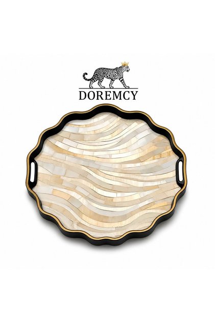 Lüks Cam Yüzeyli Sunum Tepsisi 38 cm - Çay Kahve Servis Tepsisi - Gold Detaylı Dekoratif Yuvarlak Tepsi
