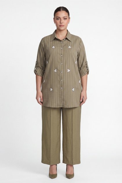 Women's Khaki Summer Striped Embroidered Top and Bottom Set