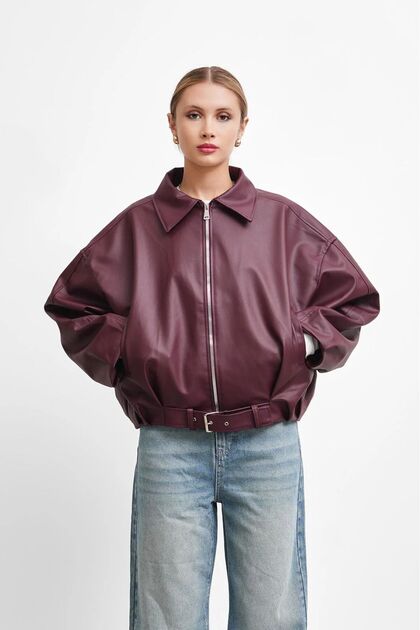 New Season Bomber Oversize Women's Leather Jacket with Belt Detail