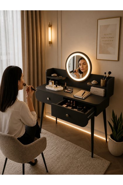 Makyaj Masası LED Işıklı Aynalı Çekmeceli Raflı – Modern Antresit Kozmetik Organizer
