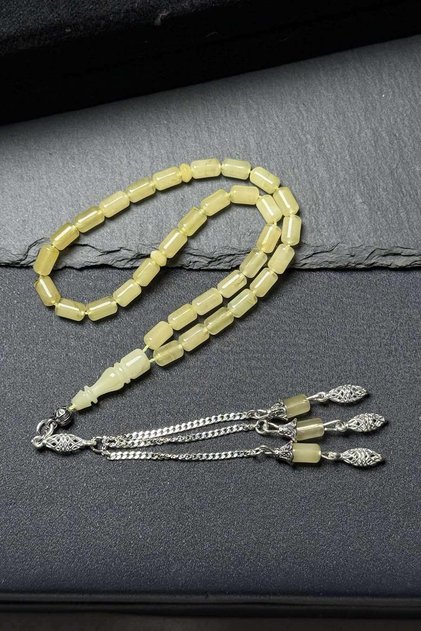 Wrist Length Silver Tasseled Rock Drop Amber Prayer Beads