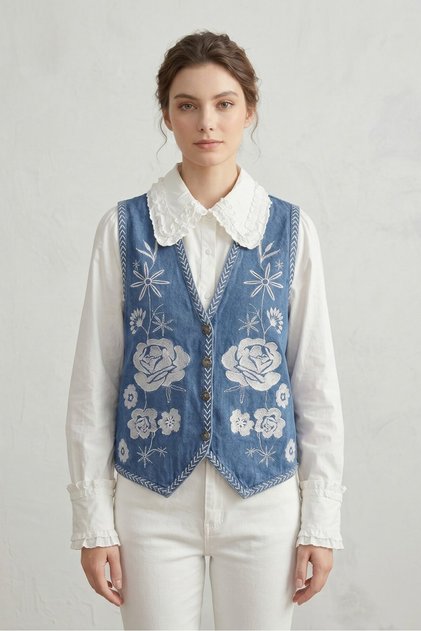 Blue Women's V-Neck Floral Embroidered Buttoned Denim Vest